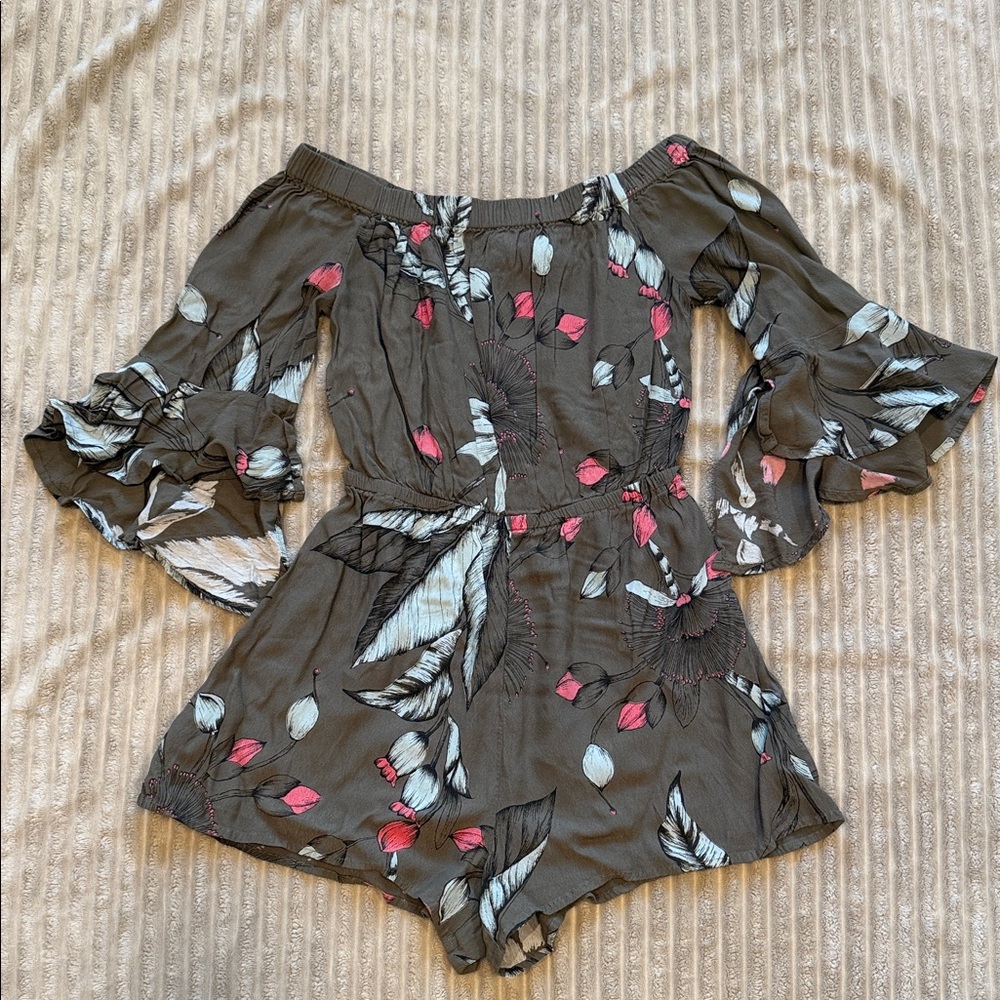 Express Olive Floral Off-Shoulder Romper with Light Blue & Pink Accents